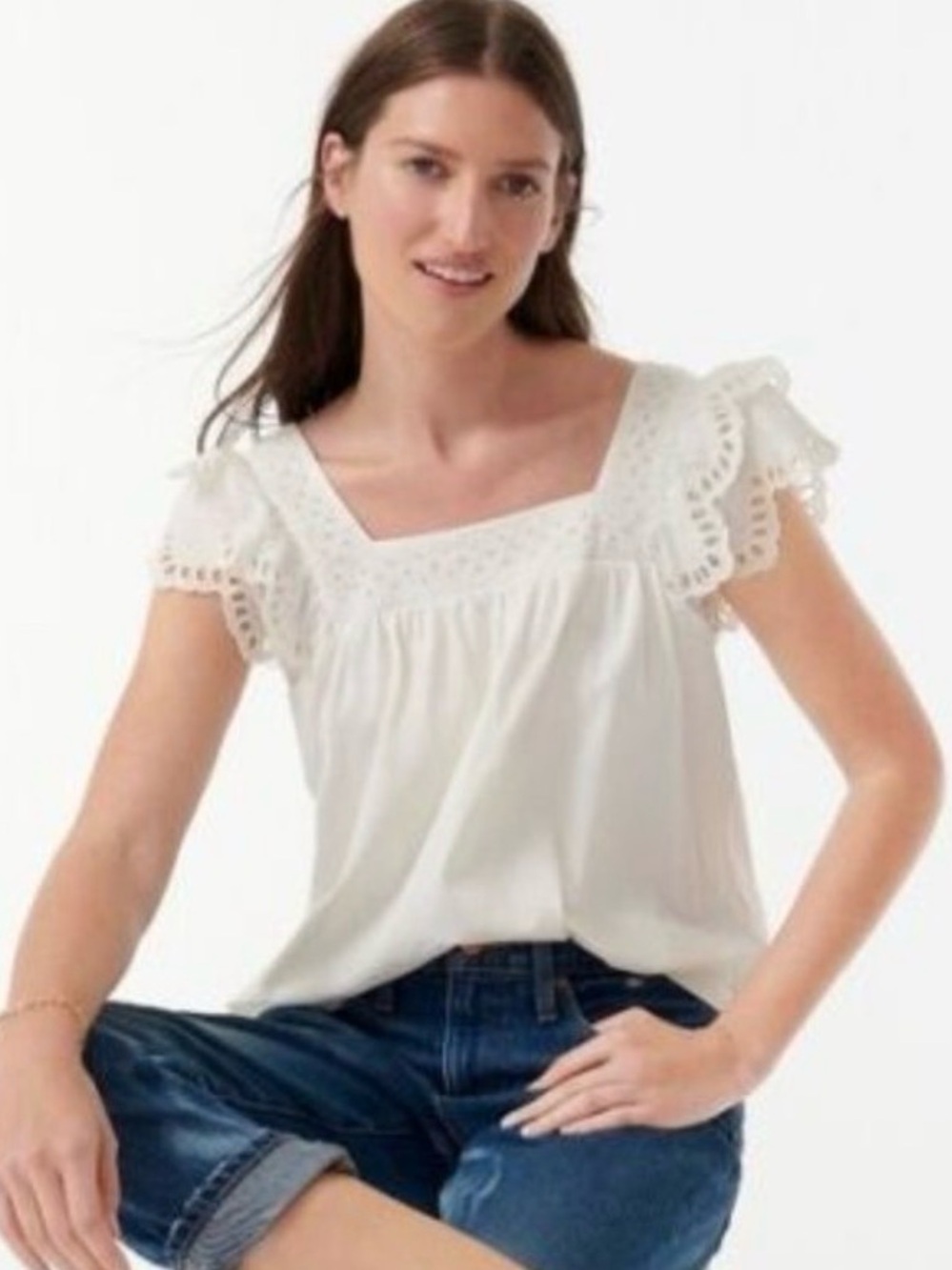 J Crew eyelet lace flutter cap sleeve top SOFT square neck